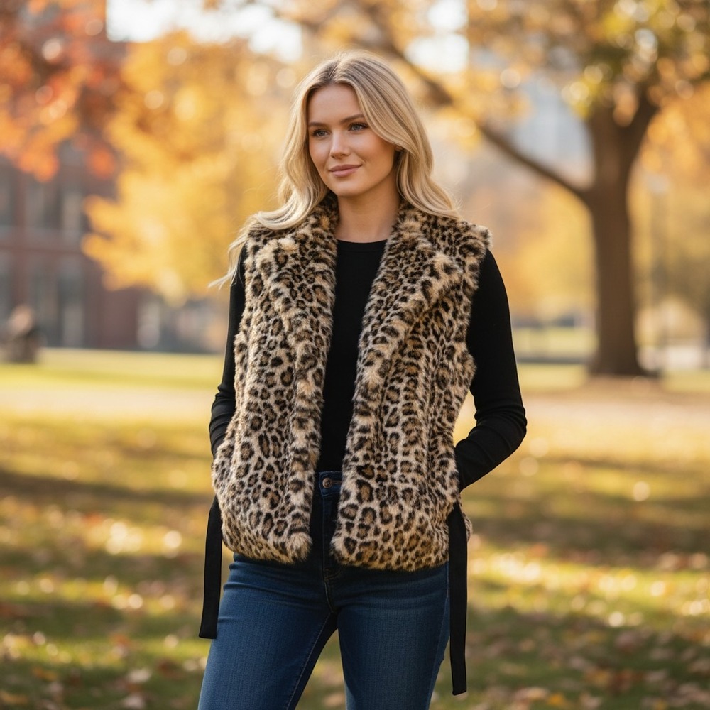 Weston West Faux Fur Leopard Print Vest Brown Black Size M Tie Waist Layering